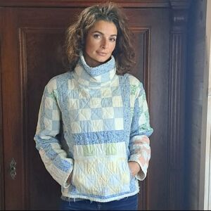 Quilted Patchwork Cowl Neck Sweater - Light Blue & Cream
